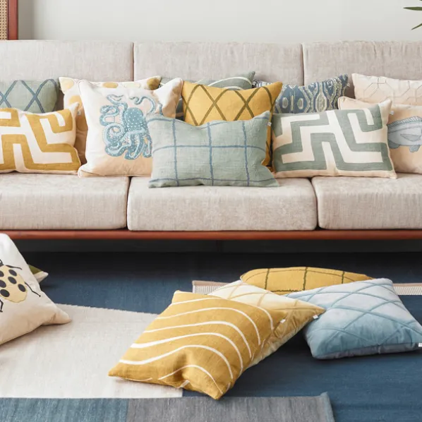 Ikat Madras Kuddfordral Light Beige/Heaven Blue/Aqua